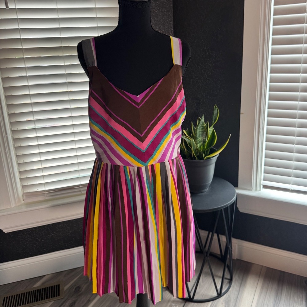 As U Wish Womens Large Multi Color Striped V-Neck Cutout Back Pleated Mini Dress